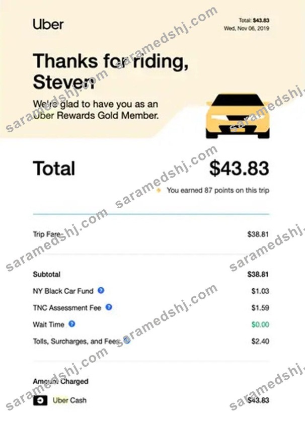 Uber service payment receipt